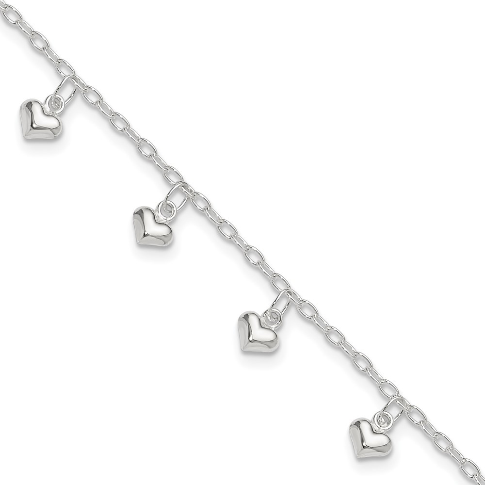 925 Sterling Silver Polished Puffed Heart Charm Summer Fun Fine Jewelry Anklet